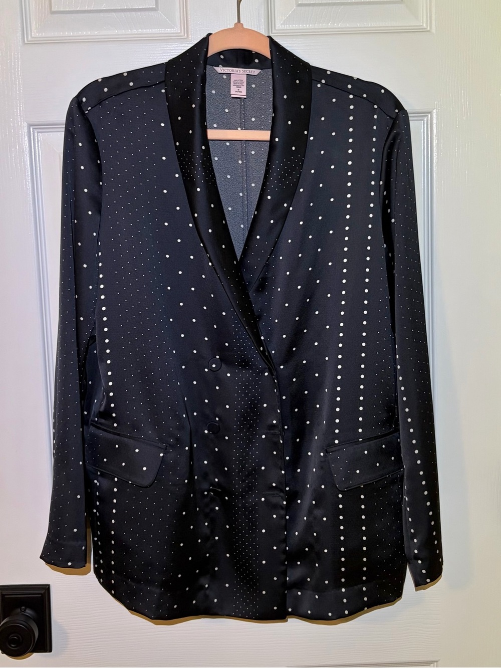 Victoria's Secret Black Polka Dot Satin Double Breasted Blazer Morning Jacket